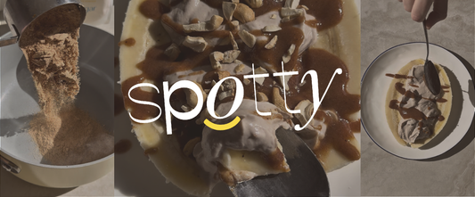 Protein banana split topped with date caramel sauce made with Spotty Date Sugar